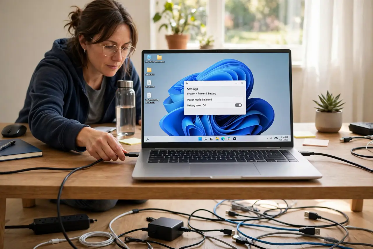 A person performing step 1 of the guide: Unplug and lay out every cable. Power down and unplug everything, then lay the cables out on the floor. Seeing the whole mess at once...