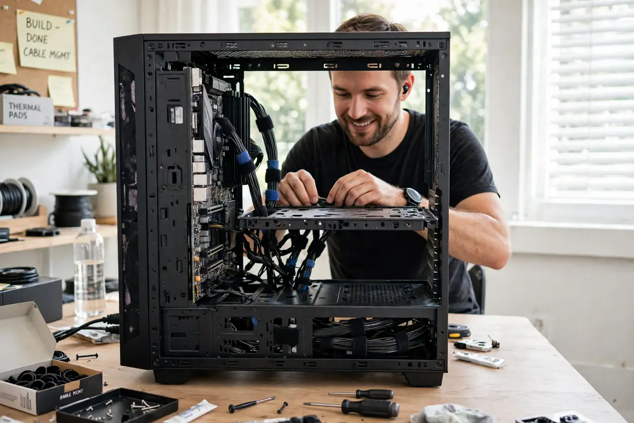 a person routing cables behind the motherboard tray of a real open PC case, cables neatly bundled with velcro ties, the person's face satisfied, bright workspace. No black screen, .