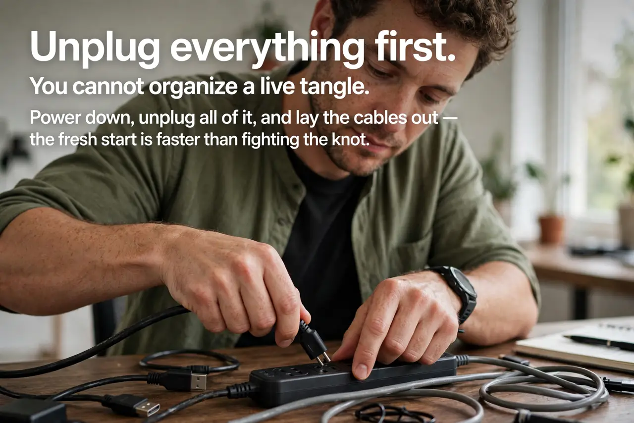 A person performing the first step of the guide: Unplug everything first.