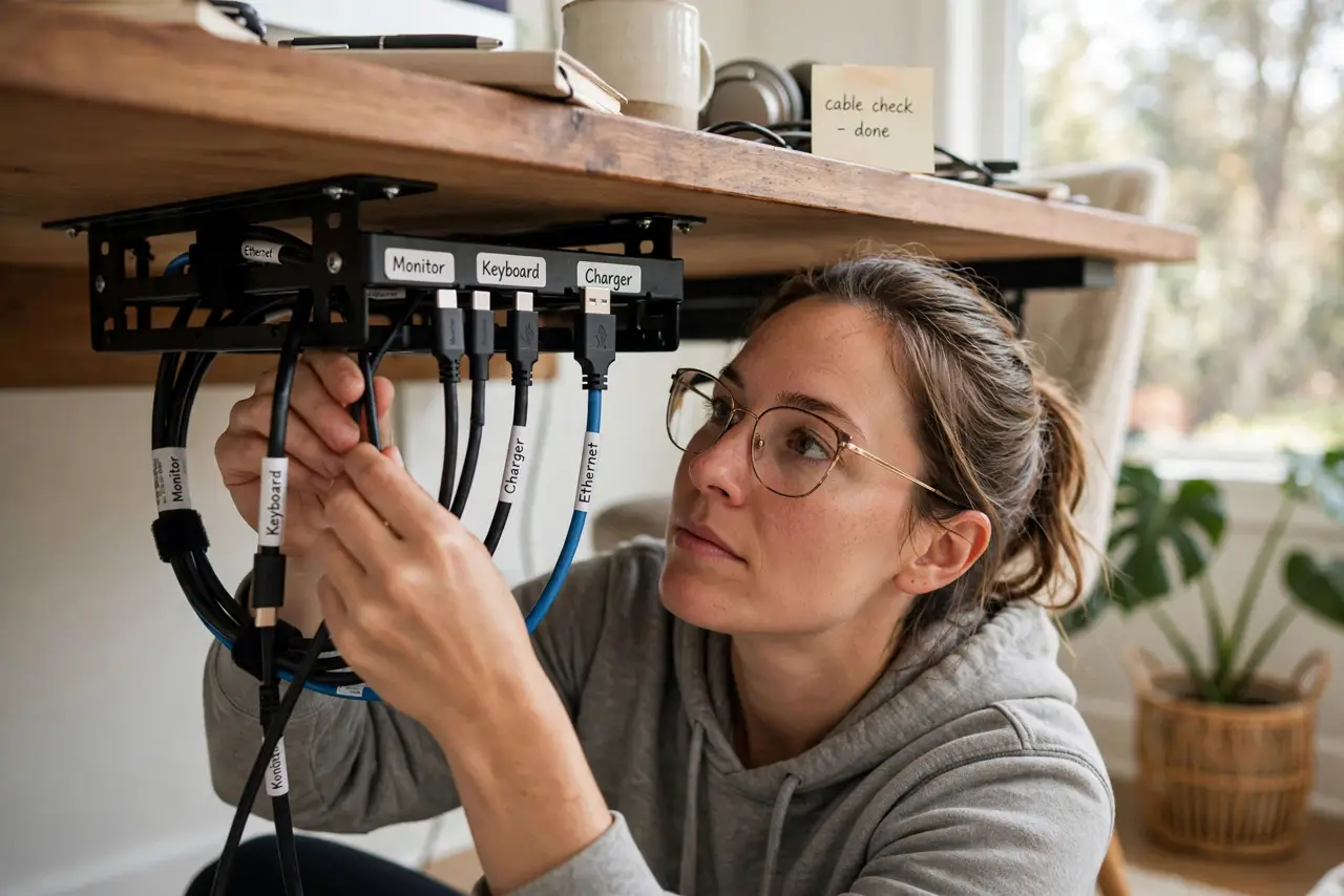 a person under a real desk attaching cables to a mounted organizer tray, the cables neat and legible with labels, the person's face focused, bright home office.