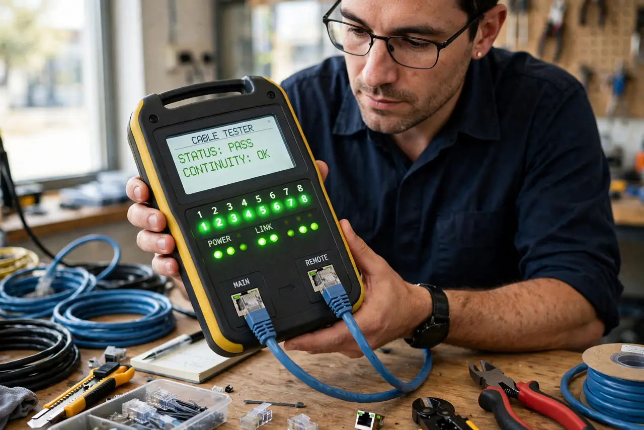 a person holding a real network cable tester with both ends of a blue Ethernet cable plugged in, the tester's lights visibly lit, other cables on a workbench...