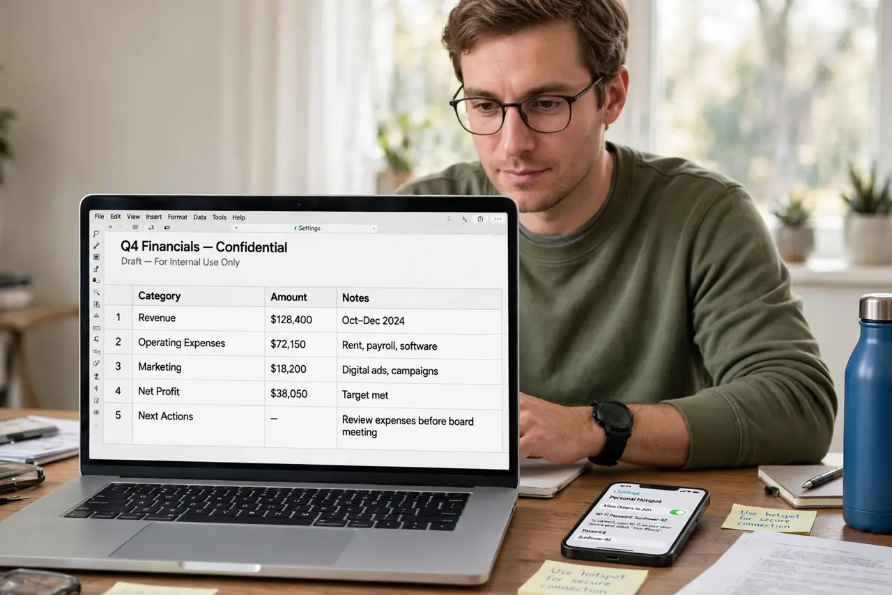 A person calmly performing the guide's first step: Prefer your phone hotspot for sensitive work.