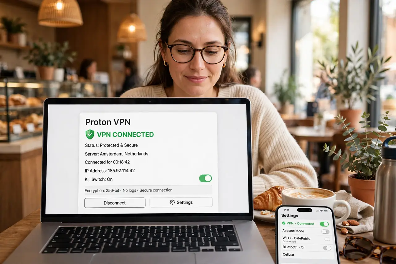 a person working on a real laptop in a real café, the screen showing a VPN connected with legible status, the person's face calm, warm café interior. No black screen, no blank whit.