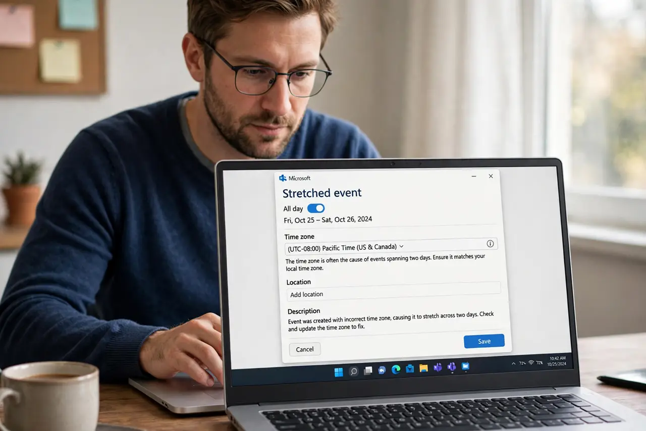 A person performing step 1 of the guide: Open the stretched event. Click the all-day event and open its details. The time zone field there is the usual suspect behind the two-day stretch.
