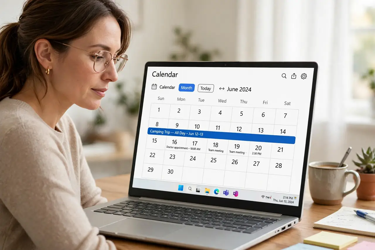 a calm adult at a desk with a real Windows laptop, the screen showing a calendar with an all-day event spanning two days, the banner fully legible, the person inspecting it. No black screen, no blank white screen, no ...