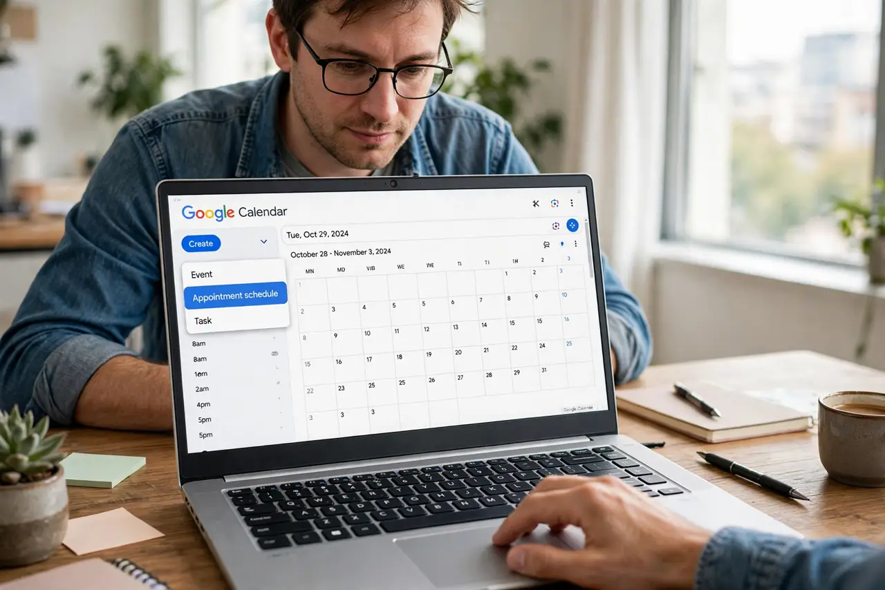 A person performing the first step: Create the appointment schedule. Calendar > Create > Appointment schedule. Name it by purpose — Office hours.