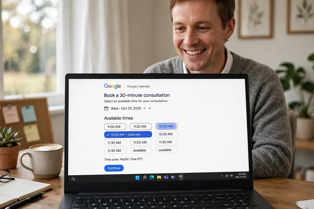 An adult at a desk using a real Windows laptop showing a Google appointment booking page with time slots fully legible, the person's face pleased, home office.