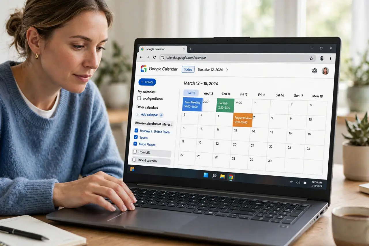 A person performing the first step: Open the calendars of interest. In Google Calendar on desktop: Settings — the gear icon — then Add calendar > Browse.
