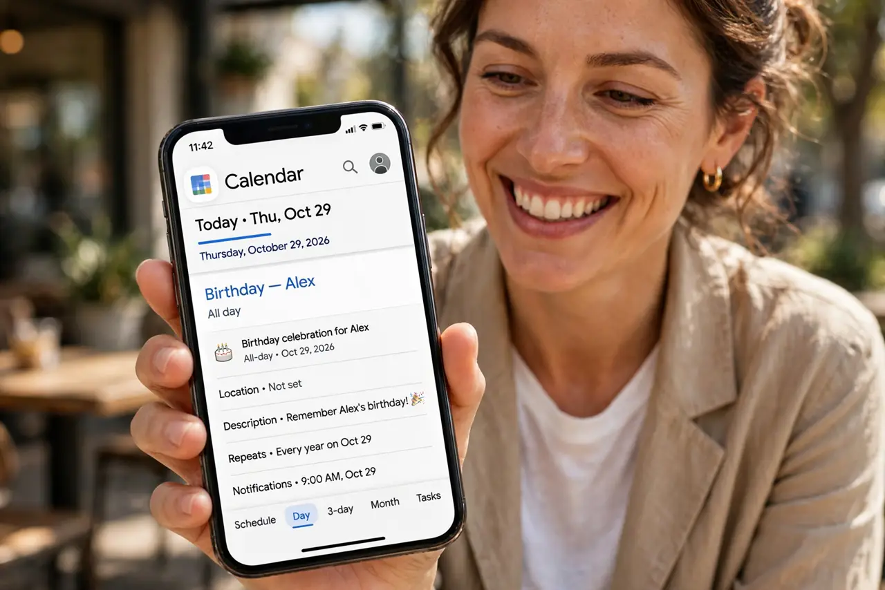 A smiling adult looking at a real phone showing Google Calendar with a birthday event fully legible, the person's face happy, daylight.