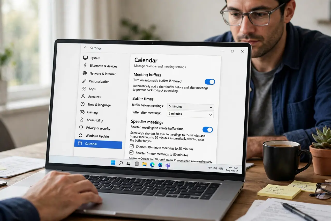A person performing step 1 of the guide: Turn on automatic buffers if offered. Check your calendar settings for buffer time or speedier meetings. Some apps shorten 30-minute meetings to 25 automatically, which creates the...
