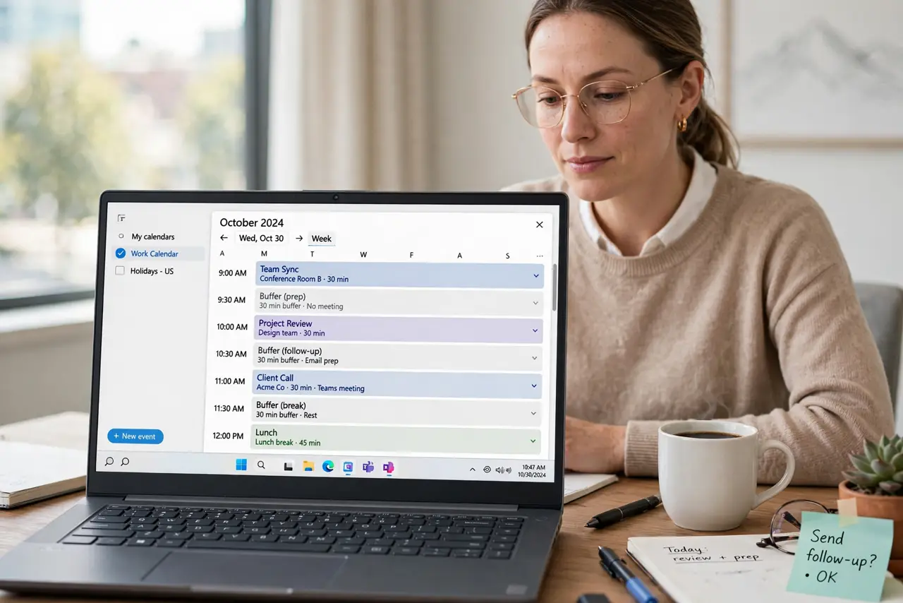 a calm adult at a desk with a real Windows laptop, the screen showing a calendar with short buffer blocks between meetings, all fully legible, the person reviewing the day. No black screen, no blank white screen, no f...
