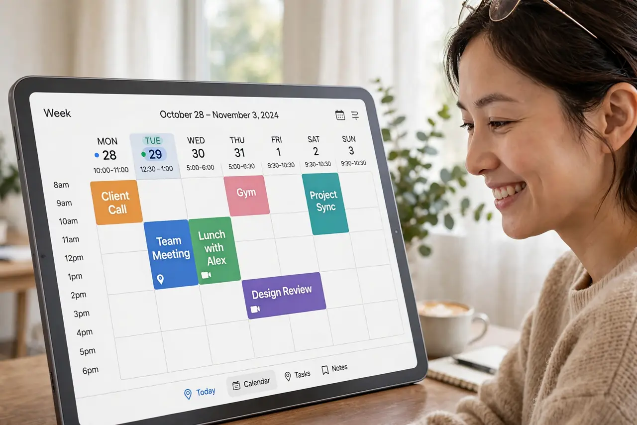A person viewing a colorful week calendar on a real tablet showing clearly color-coded event blocks, the person's face pleased, bright room.