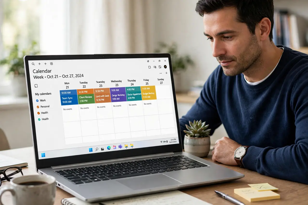 a calm adult at a desk with a real Windows laptop, the screen showing a week calendar with a few clear color blocks and fully legible event titles, the person reviewing the week. No black screen, no blank white screen...