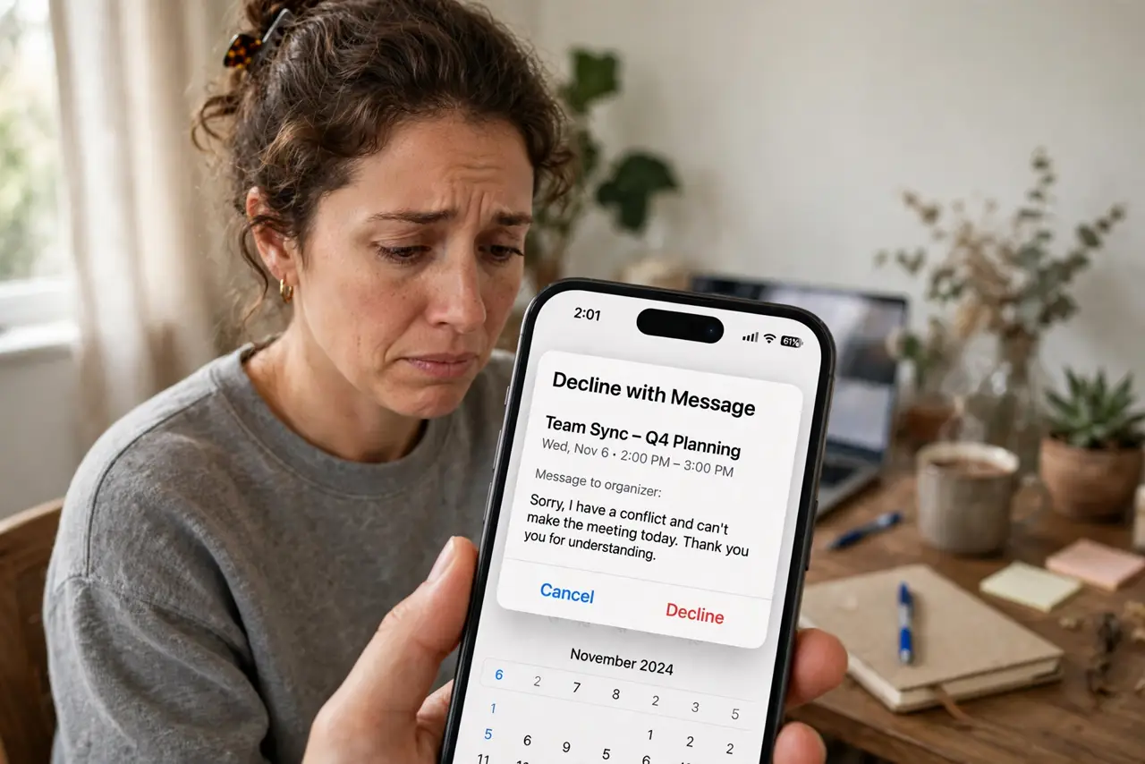 A person declining a meeting invite on a real smartphone showing a calendar app with a decline-with-message dialog legible, the person's face apologetic, home office.