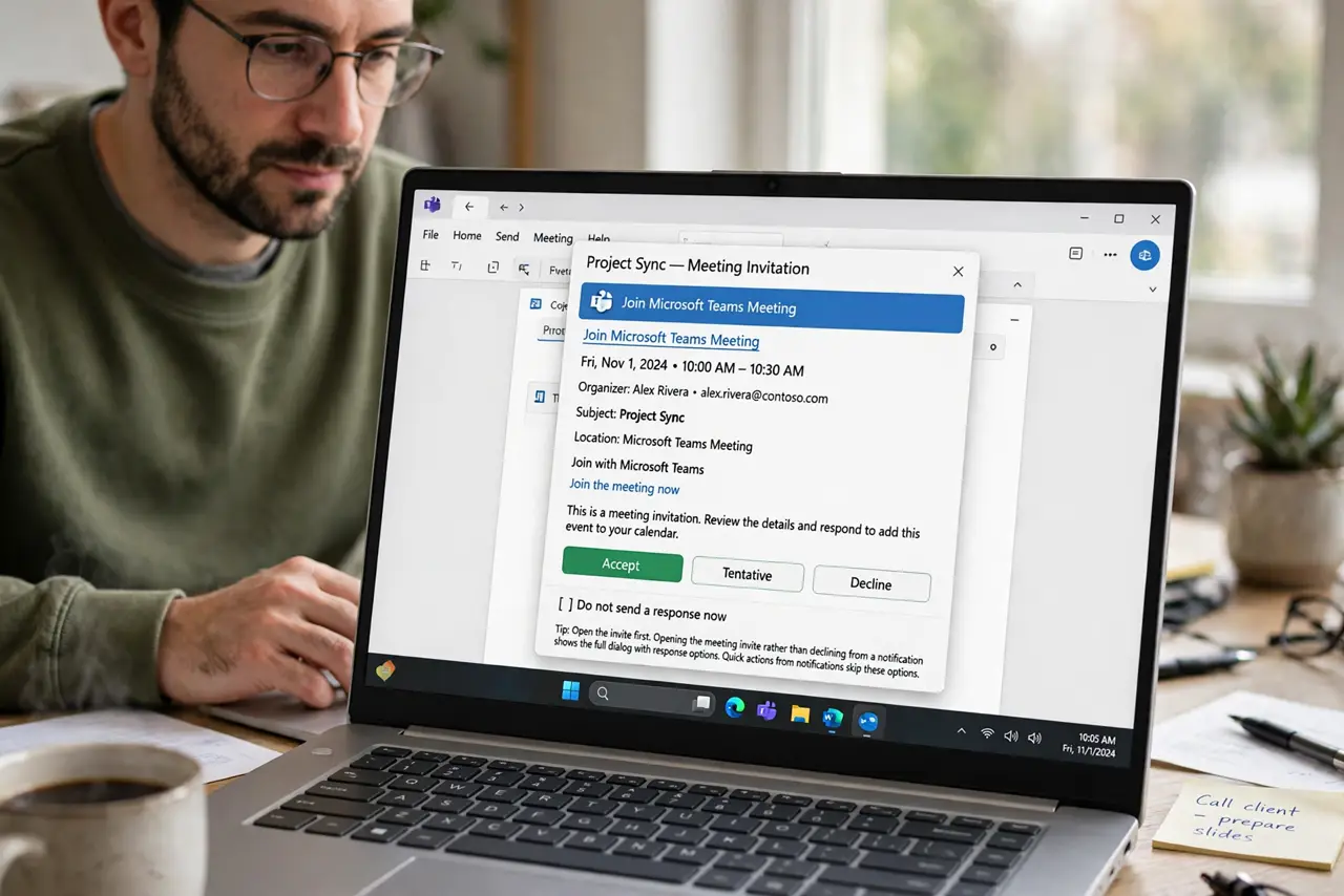 A person performing step 1 of the guide: Open the invite first. Open the meeting invite rather than declining from a notification. The full dialog holds the notification option that quick actions skip.