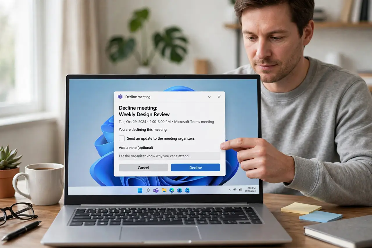 a calm adult at a desk with a real Windows laptop, the screen showing a meeting decline dialog with a fully legible send-update checkbox, the person unchecking it. No black screen, no blank white screen, no fake or ga...