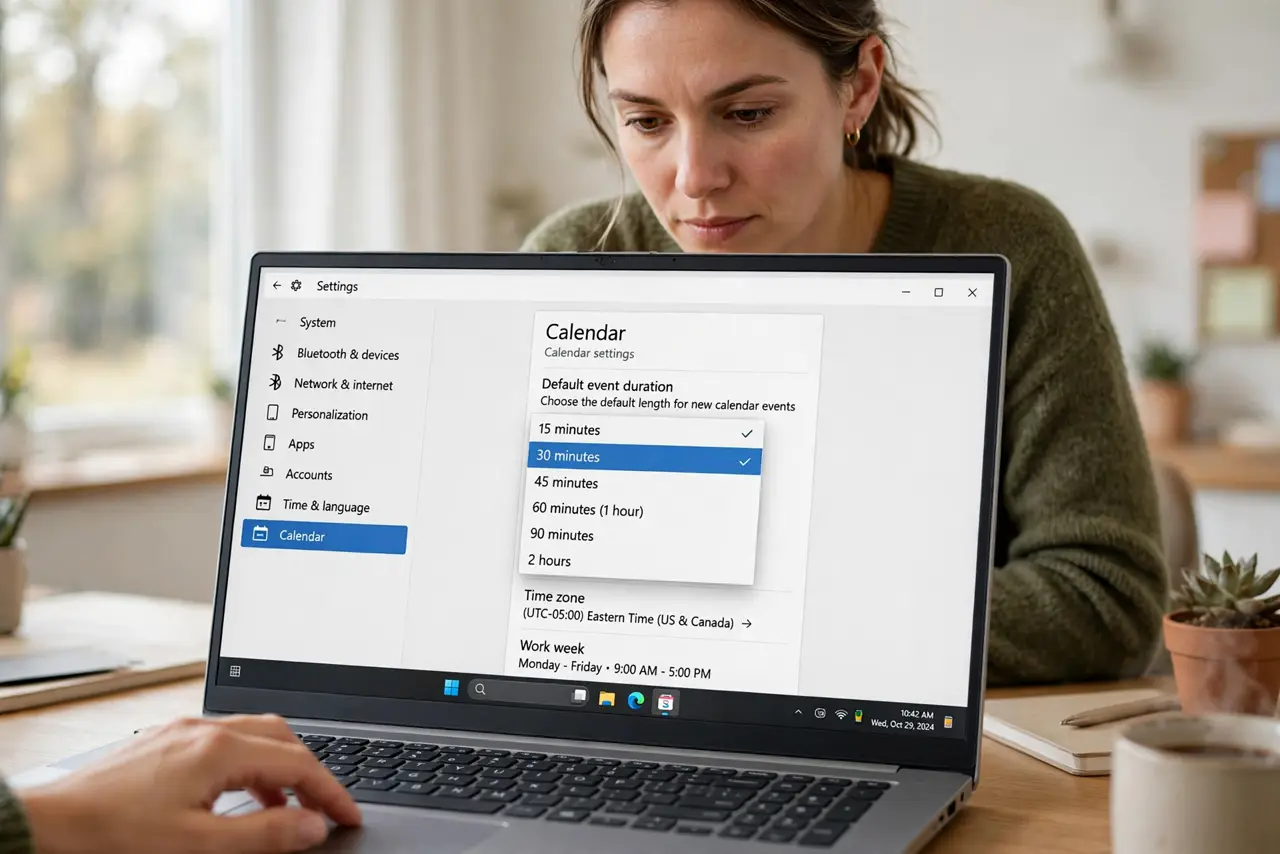 A person adjusting calendar settings on a real laptop screen showing a default event duration dropdown menu legible, the person's face focused, home office.