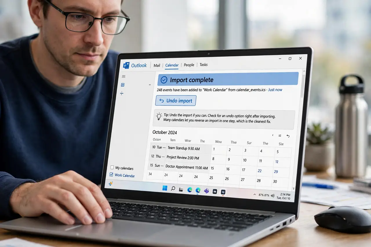 A person performing step 1 of the guide: Undo the import if you can. Check for an undo option right after importing. Many calendars let you reverse an import in one step, which is the cleanest fix.
