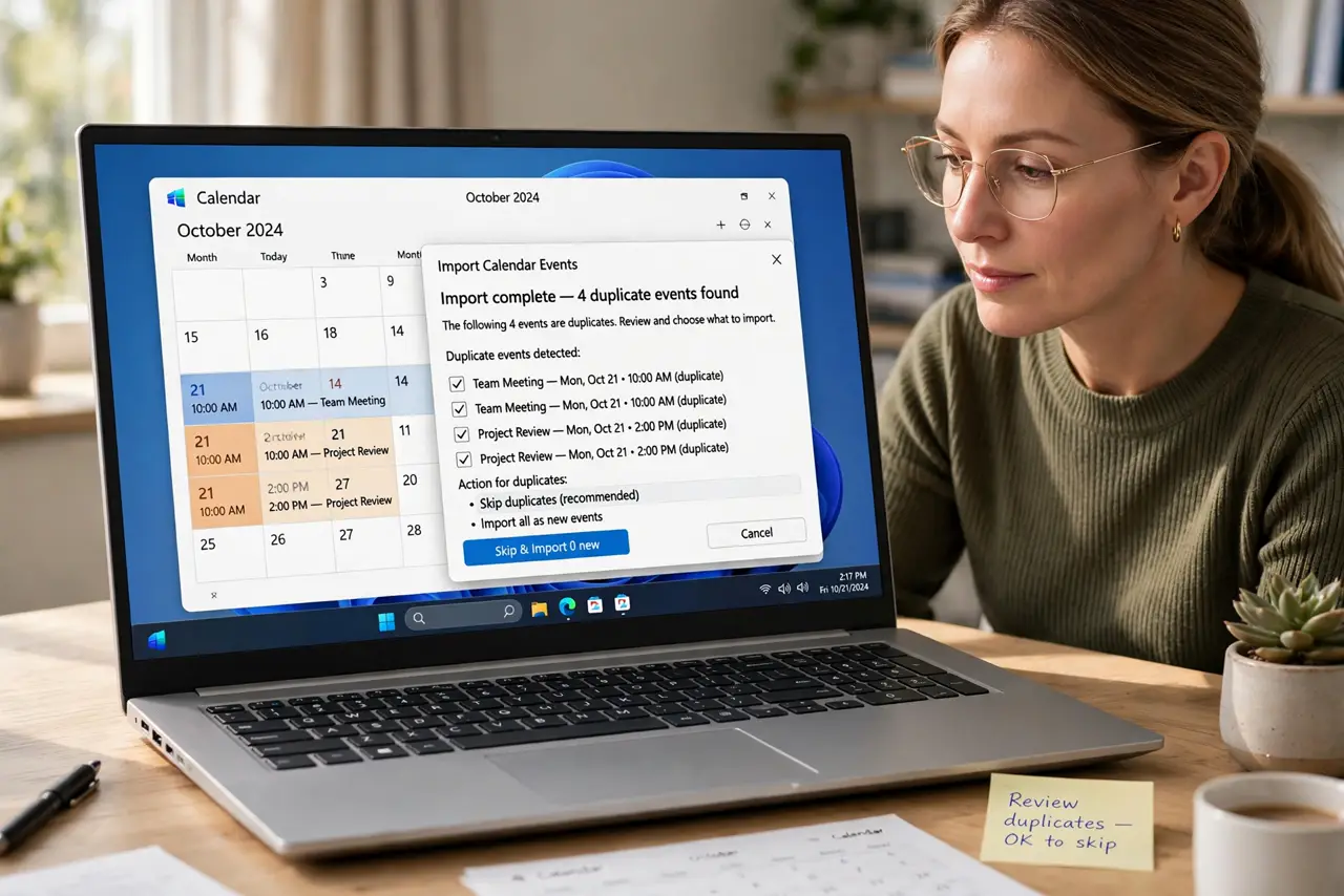 a calm adult at a desk with a real Windows laptop, the screen showing a calendar with duplicate events and a fully legible import dialog, the person reviewing the duplicates. No black screen, no blank white screen, no...