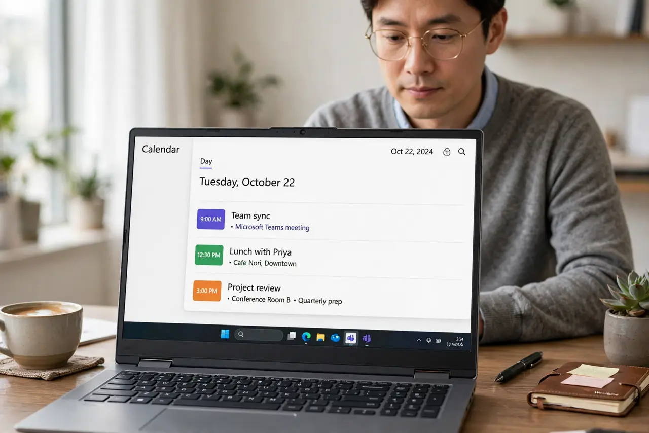 Photorealistic photo: A calm adult at a desk with a real Windows laptop, a calendar app open on screen showing a clean single set of events, screen text legible.
