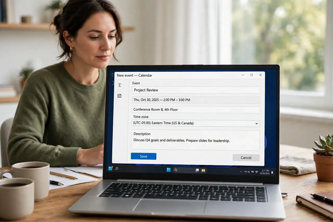 Photorealistic photo: A calm adult at a desk with a real Windows laptop, a calendar event editor open on screen with a time zone field visible, screen text legible.