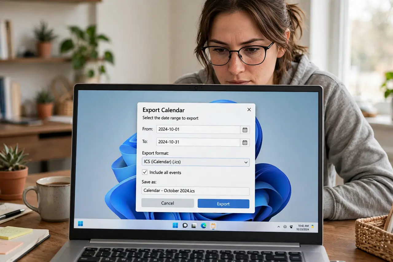 A person exporting a calendar on a real laptop screen showing a calendar app's export dialog with a date range selector legible, the person's face focused, home office.