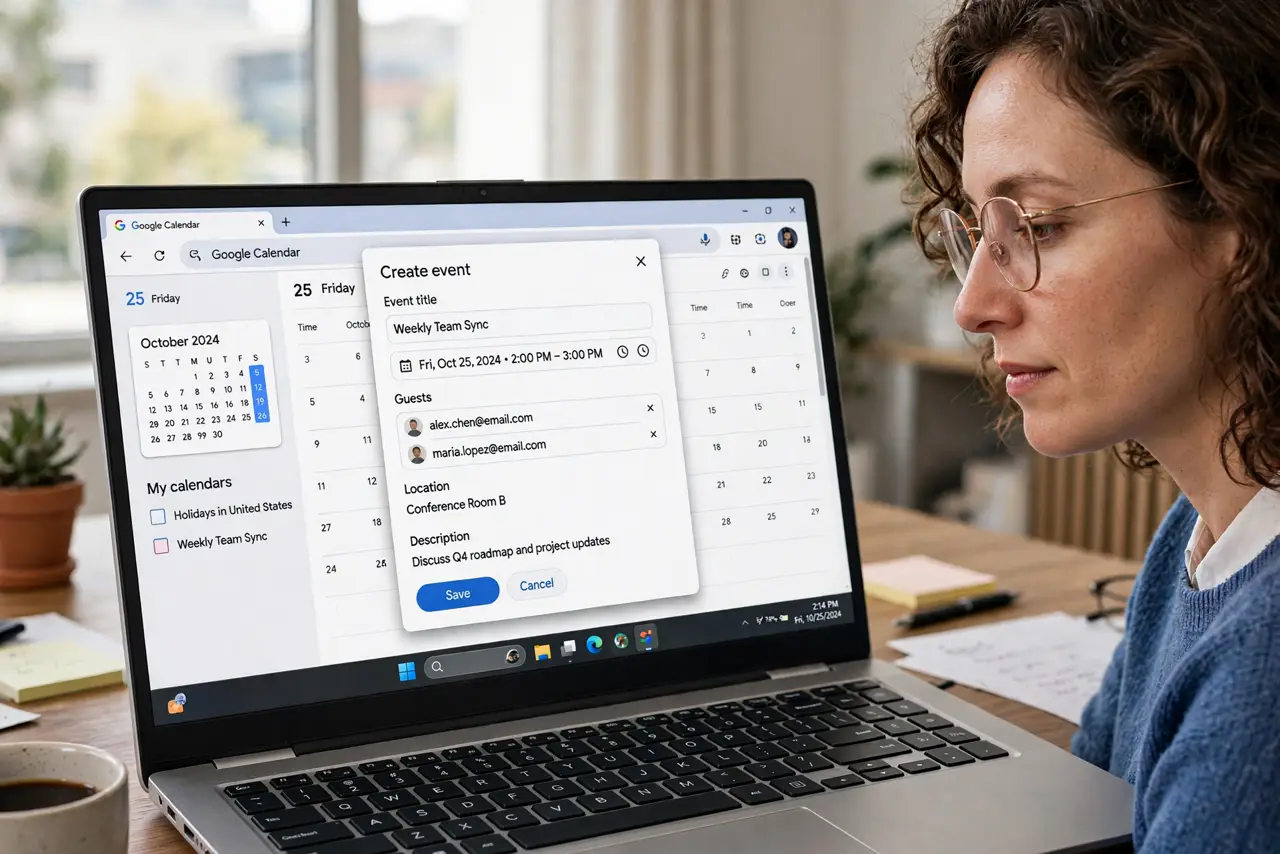 A person performing the first step: Create the event with guests. New event, add every guest email first. Find a time has nothing to show until the guest.
