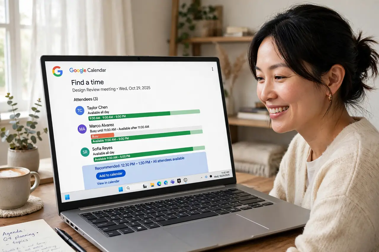 An adult at a desk using a real Windows laptop showing Google Calendar Find a time view with attendee availability bars fully legible, the person's face relieved, home office.