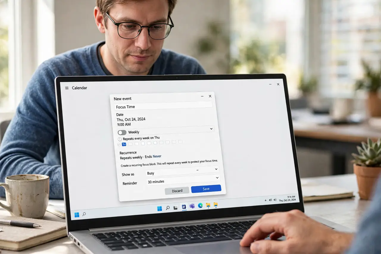 A person performing step 1 of the guide: Create a recurring focus block. Add a repeating event named Focus Time on the hours you want to guard. Recurring beats one-off, since protection needs to happen every week.