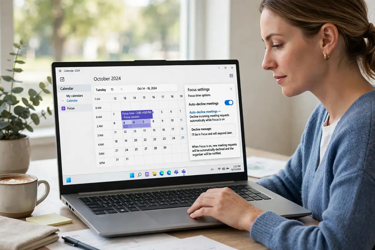 a calm adult at a desk with a real Windows laptop, the screen showing a calendar with a focus time block and a fully legible auto-decline setting, the person enabling it. No black screen, no blank white screen, no fak...
