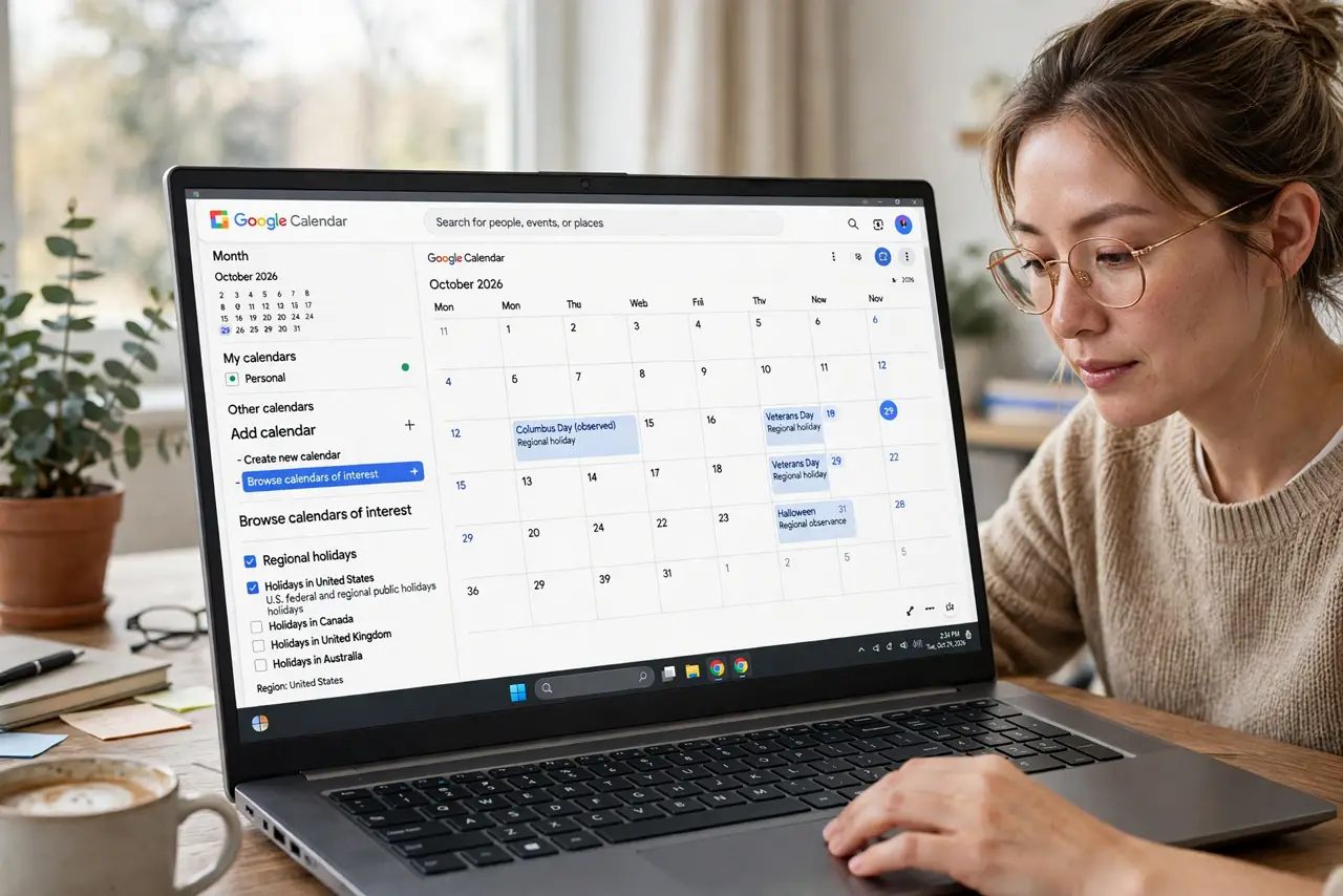 A person performing the first step: Open regional holidays. Settings > Add calendar > Browse calendars of interest > Regional holidays. One list per.