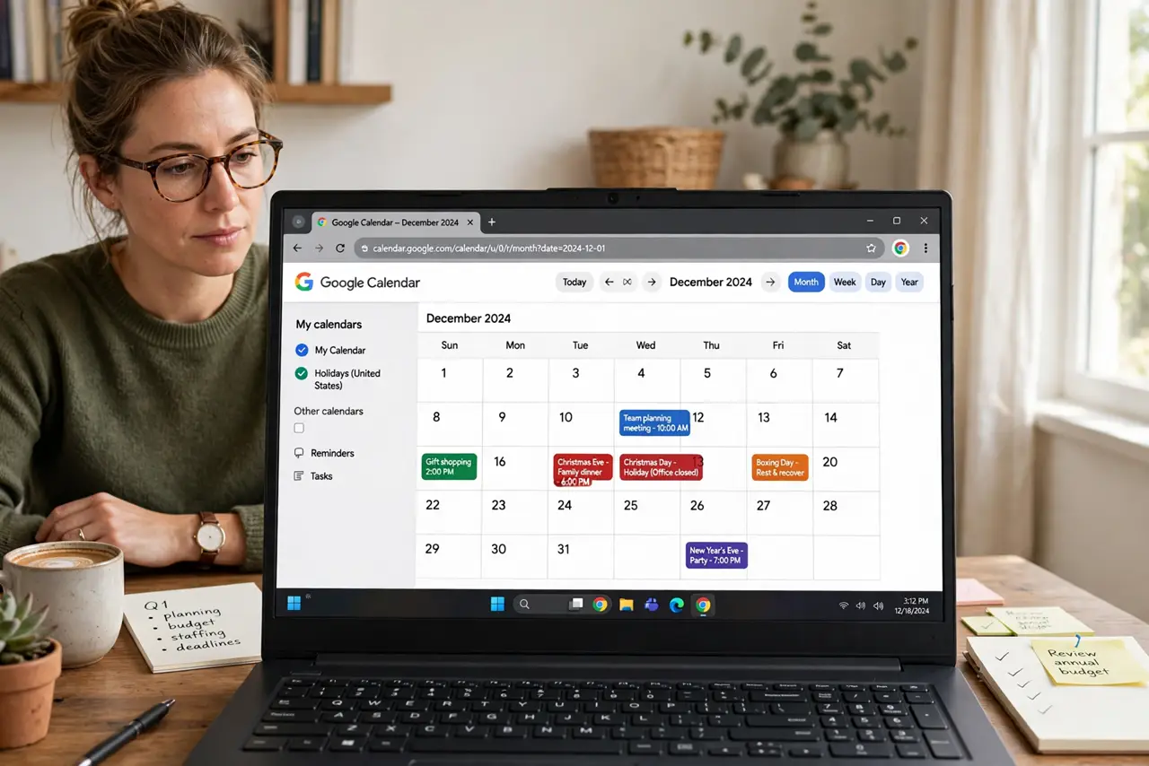 An adult at a desk using a real Windows laptop showing Google Calendar month view with holiday events fully legible, the person's face planning-focused, home office.
