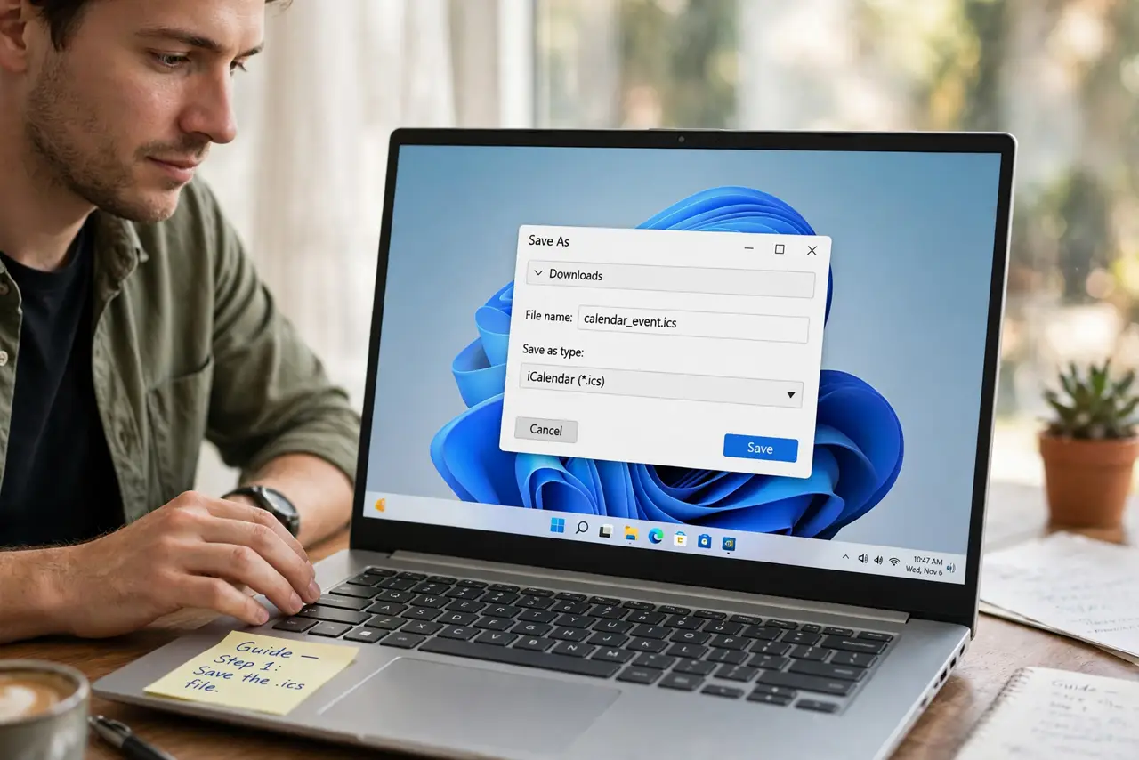 A person doing the guide's first step: Save the .ics file.