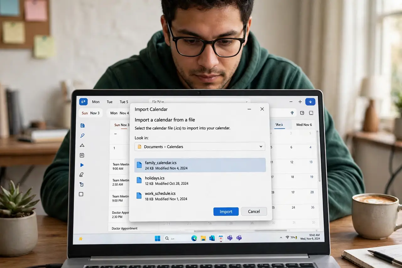 A person importing a calendar file on a real laptop screen showing a calendar app's import dialog with a file picker legible, the person's face focused, home office.