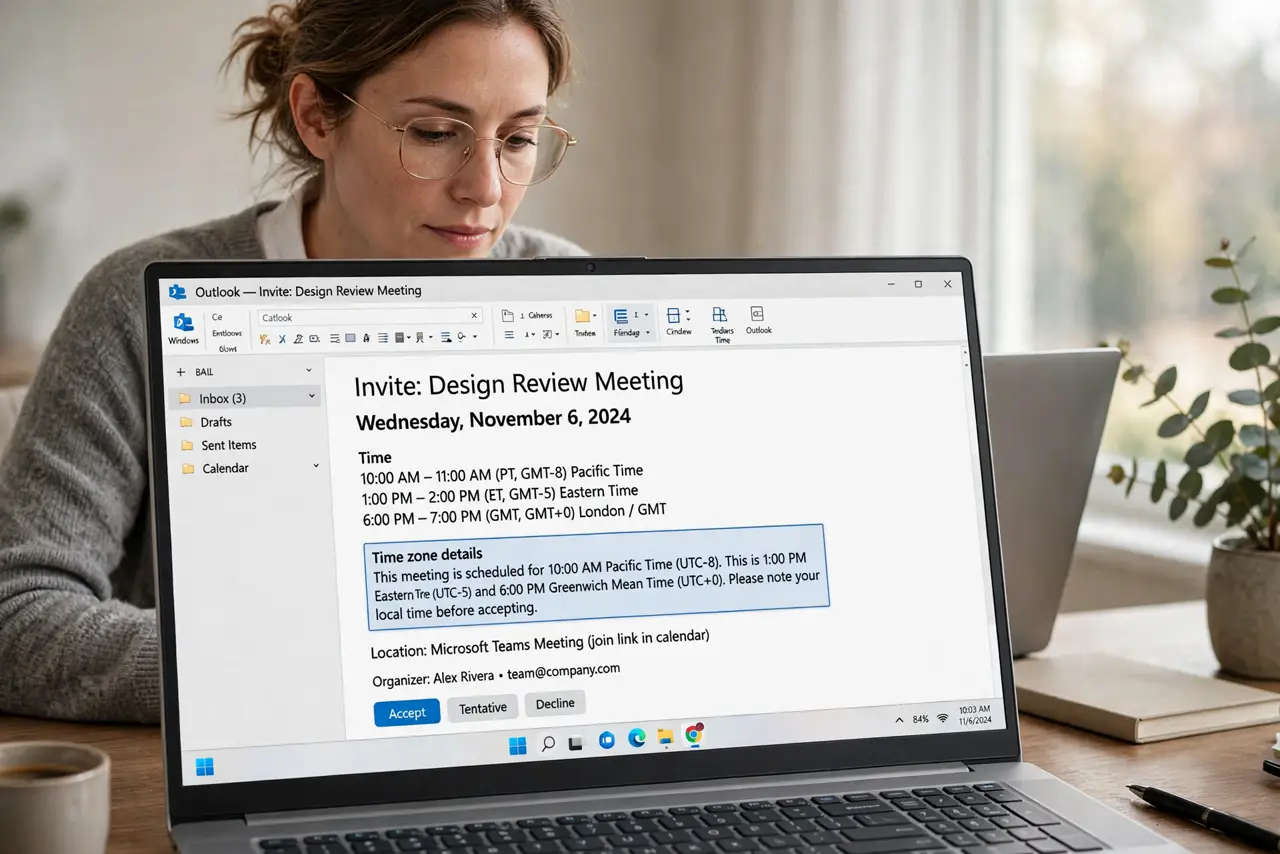 Person performing step 1: Read the invite time zone details. Open the invite and look for the time zone shown with the time. The zone tells you whether the invite...