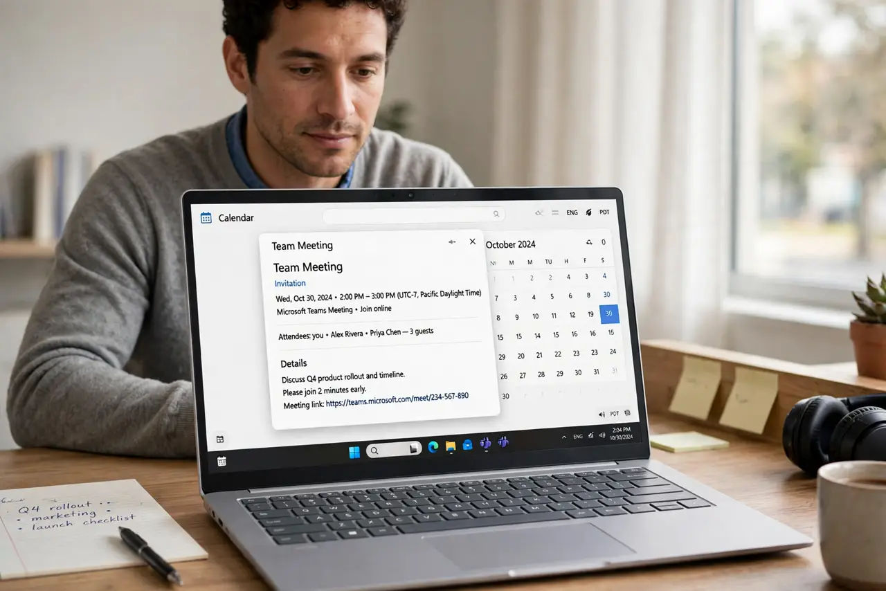 Photorealistic photo: A calm adult at a desk with a real Windows laptop, a calendar invitation open on screen showing time and time zone, screen text legible.