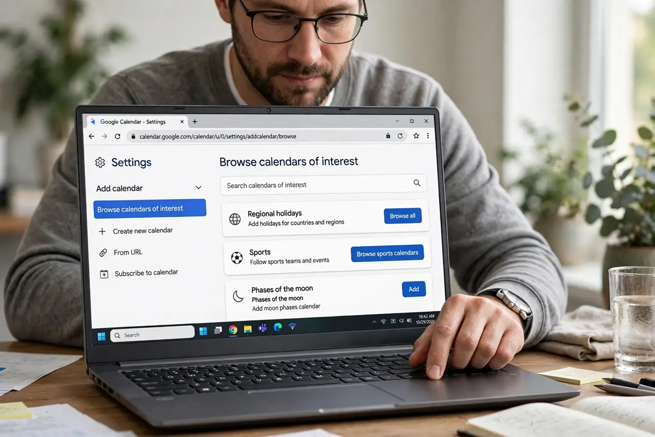 A person performing the first step: Open calendars of interest. Settings > Add calendar > Browse calendars of interest — the same menu as holidays and.