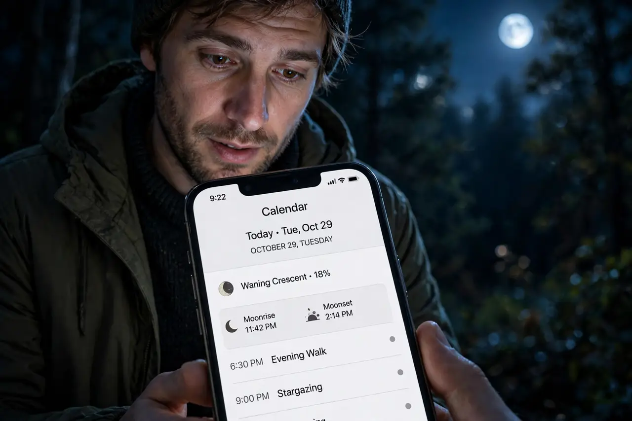 An adult at night looking at a real phone showing a calendar day with a moon phase icon fully legible, the person's face curious, moonlight.