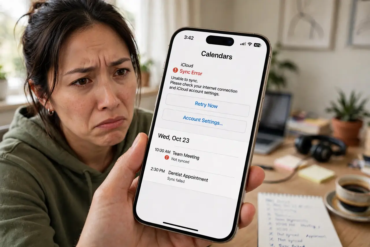 A person troubleshooting calendar sync on a real smartphone showing a calendar app with a sync error indicator, the person's face frustrated, home office.