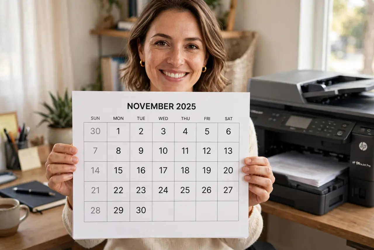 An adult holding a freshly printed calendar month page with fully legible dates, a real printer visible in the background, the person's face satisfied, home office.
