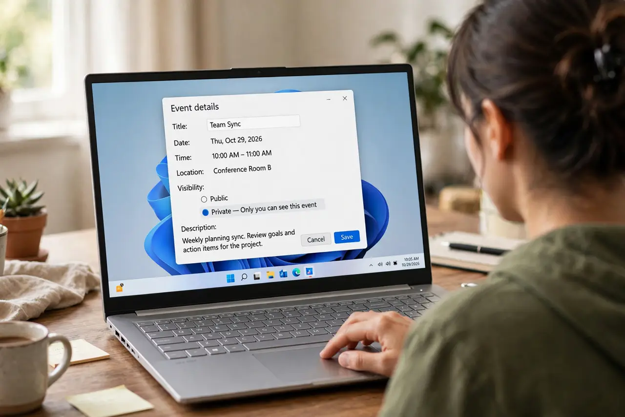 A person marking a calendar event as private on a real laptop screen showing an event details dialog with a Private visibility option legible, the person's face discreet, home office.