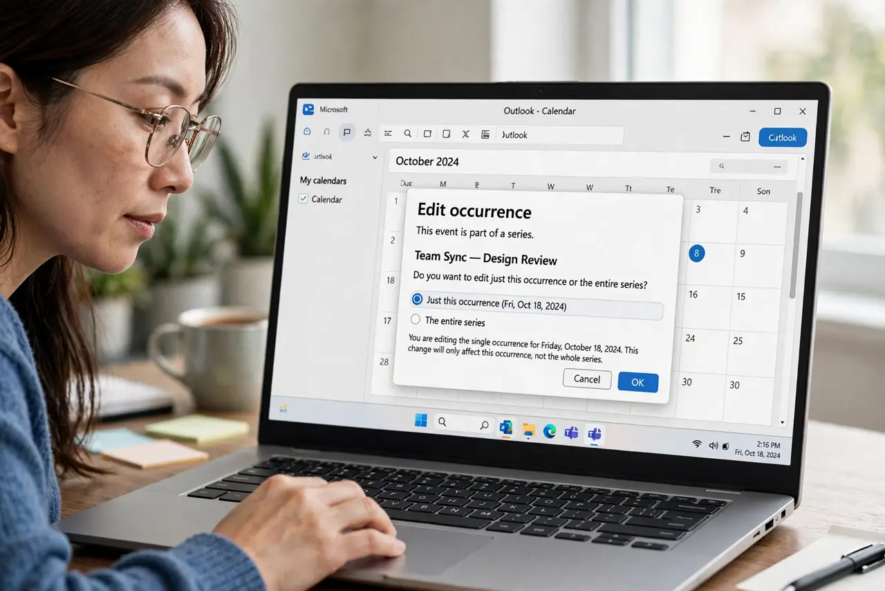 A person performing step 1 of the guide: Open the single occurrence. Click the exact date you want to change, not the series header. The occurrence you open is the one the calendar offers to edit alone.