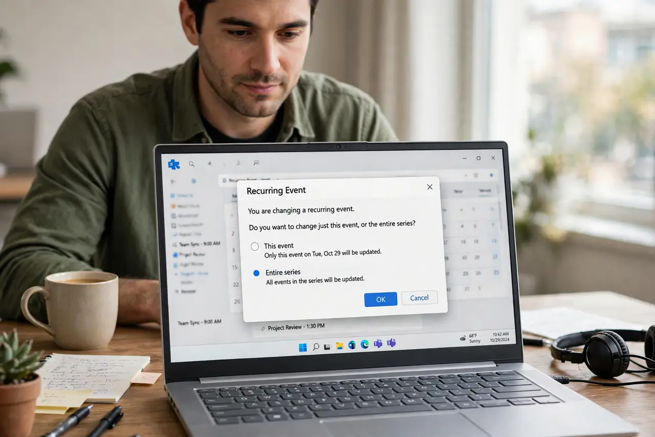 a calm adult at a desk with a real Windows laptop, the screen showing a recurring event with a fully legible this event or entire series dialog, the person choosing one. No black screen, no blank white screen, no fake...