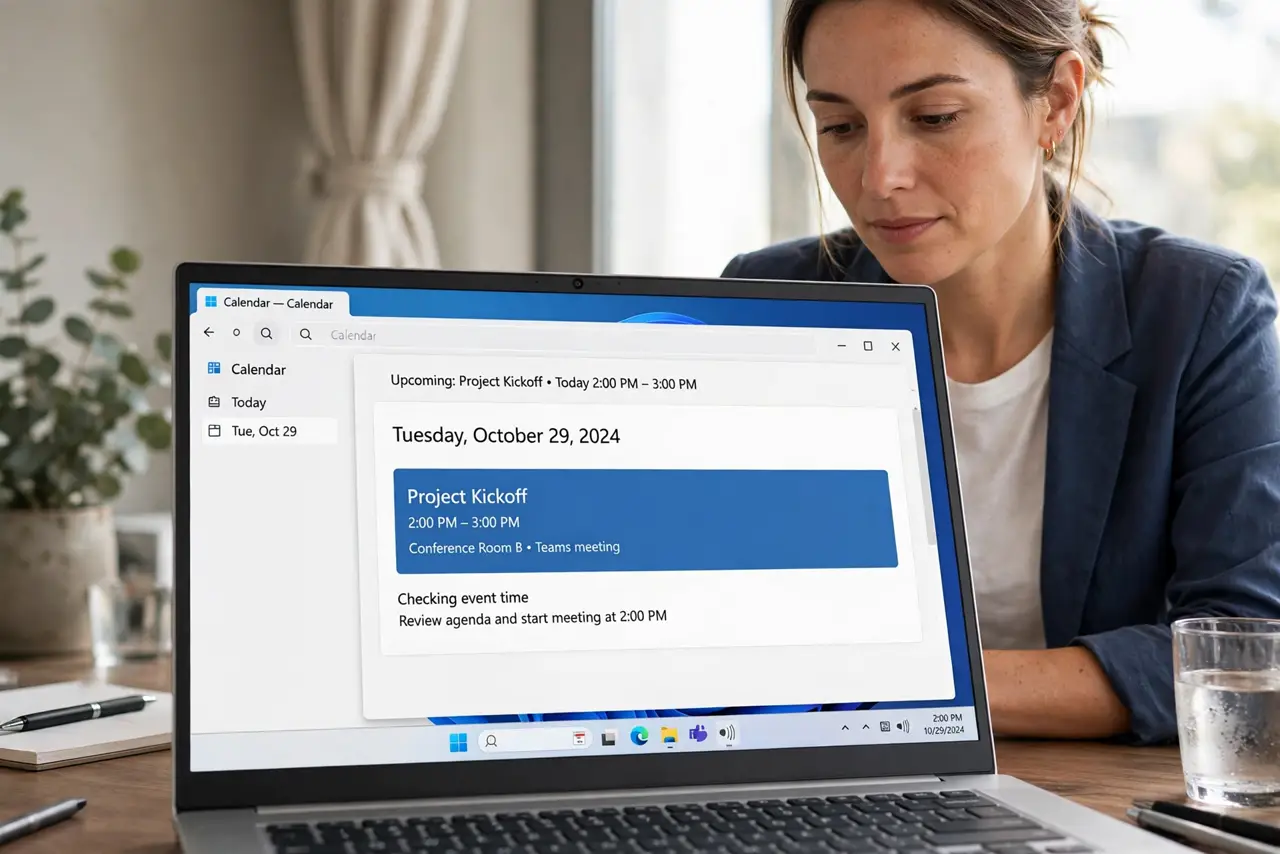 Person performing step 1: Open the event and check the event time. Open the event and confirm the start time is still correct. A moved event drags its reminder...