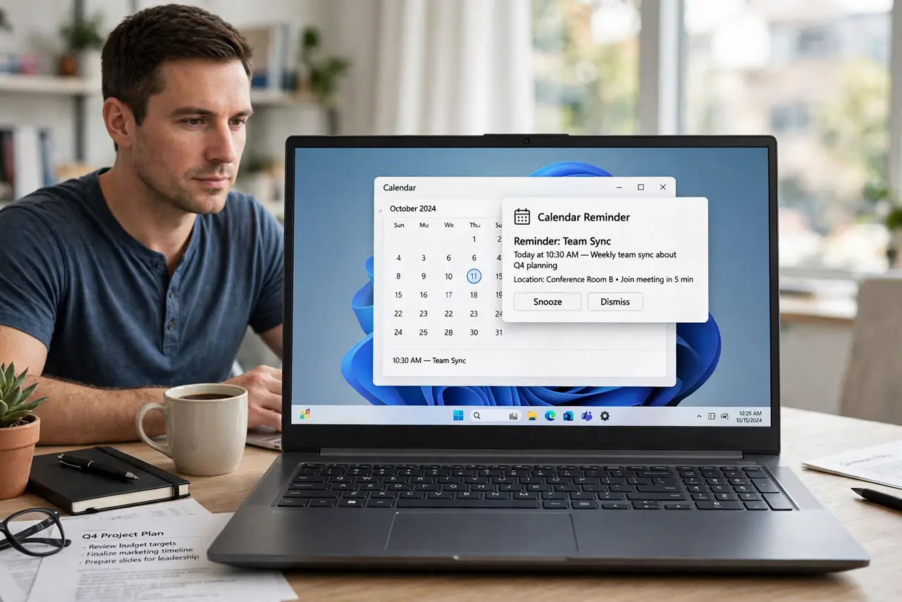 Photorealistic photo: A calm adult at a desk with a real Windows laptop, a calendar reminder notification visible on screen, screen text legible.