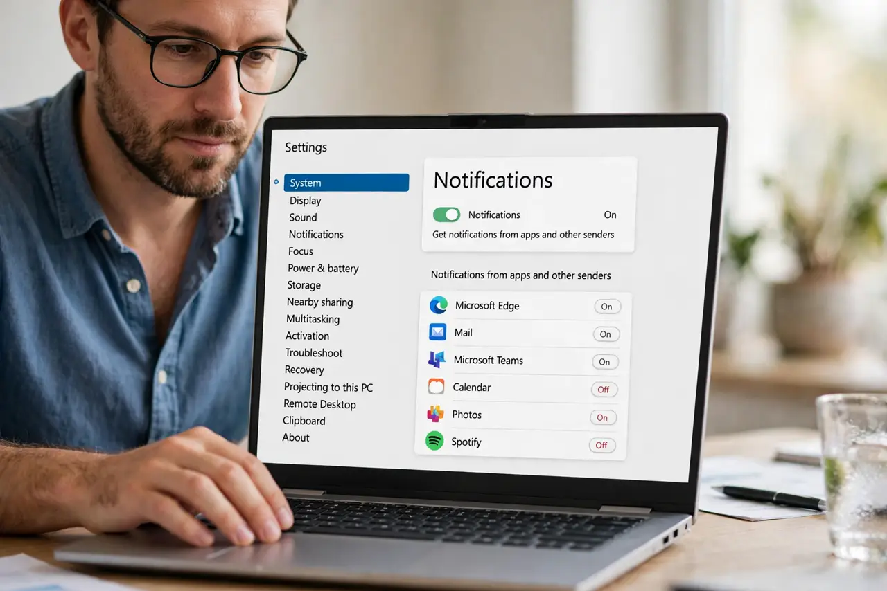 A focused man checks notification permissions for the calendar app in Windows Settings.