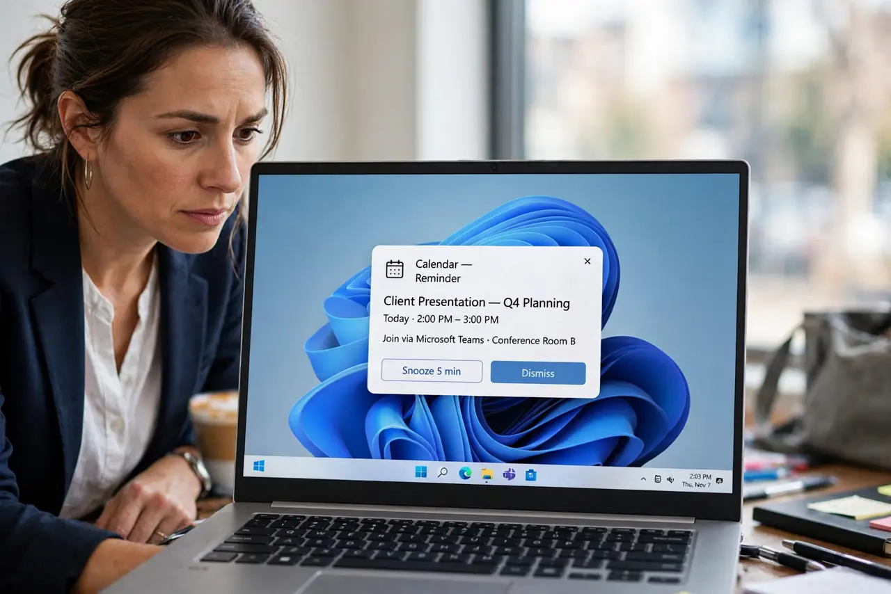 A busy woman looks at a Windows laptop showing a calendar reminder pop-up.