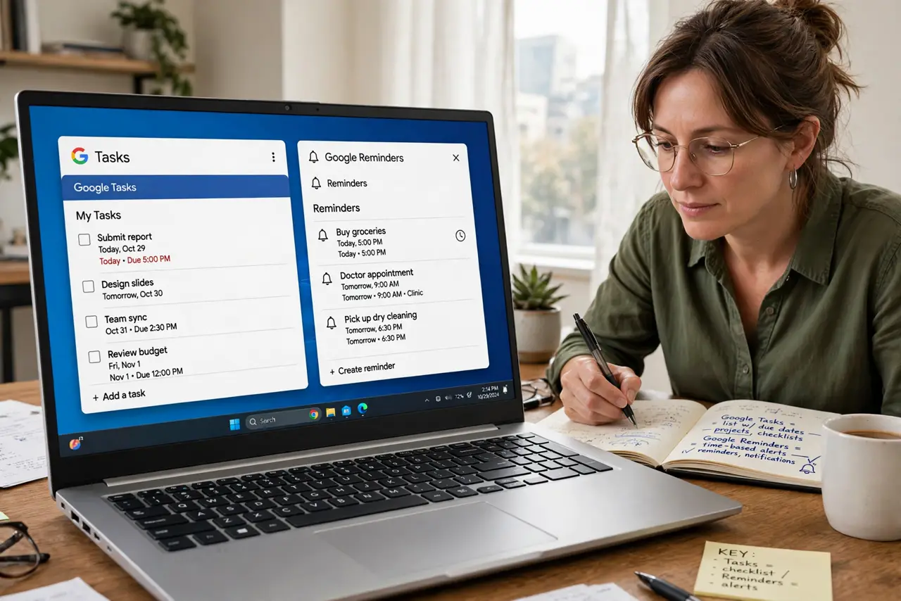 A person performing the first step: Know which is which. Tasks: lists with due dates, subtasks, notes — the kept system. Reminders: the older, simpler.