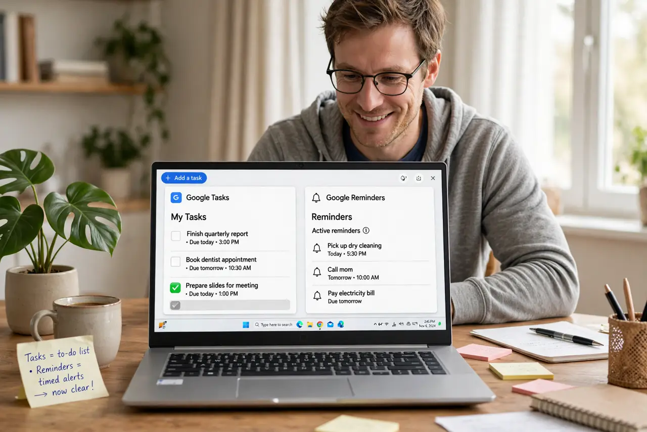 An adult at a desk using a real Windows laptop showing Google Tasks and Reminders side by side with legible text, the person's face clearing-up-confusion, home office.