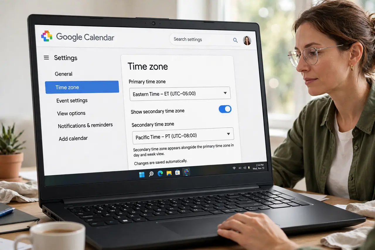 A person performing the first step: Open Time zone settings. Settings > Time zone — the primary zone and the secondary toggle live together..